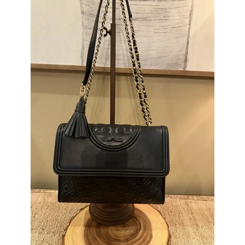 Tory Burch Fleming Black Leather Convertible Shoulder‎ Bag Quilted Tassel Large